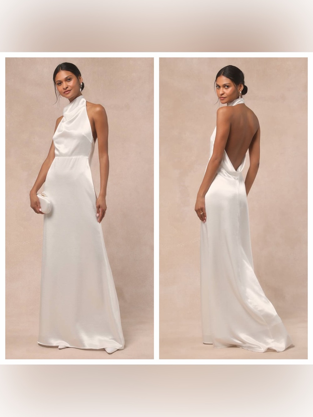 Lulu's Meliana White Satin Halter Backless Maxi Dress